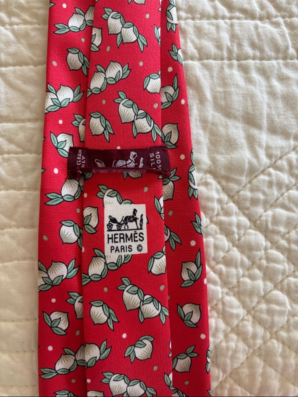Hermes Red Floral Print Silk Tie